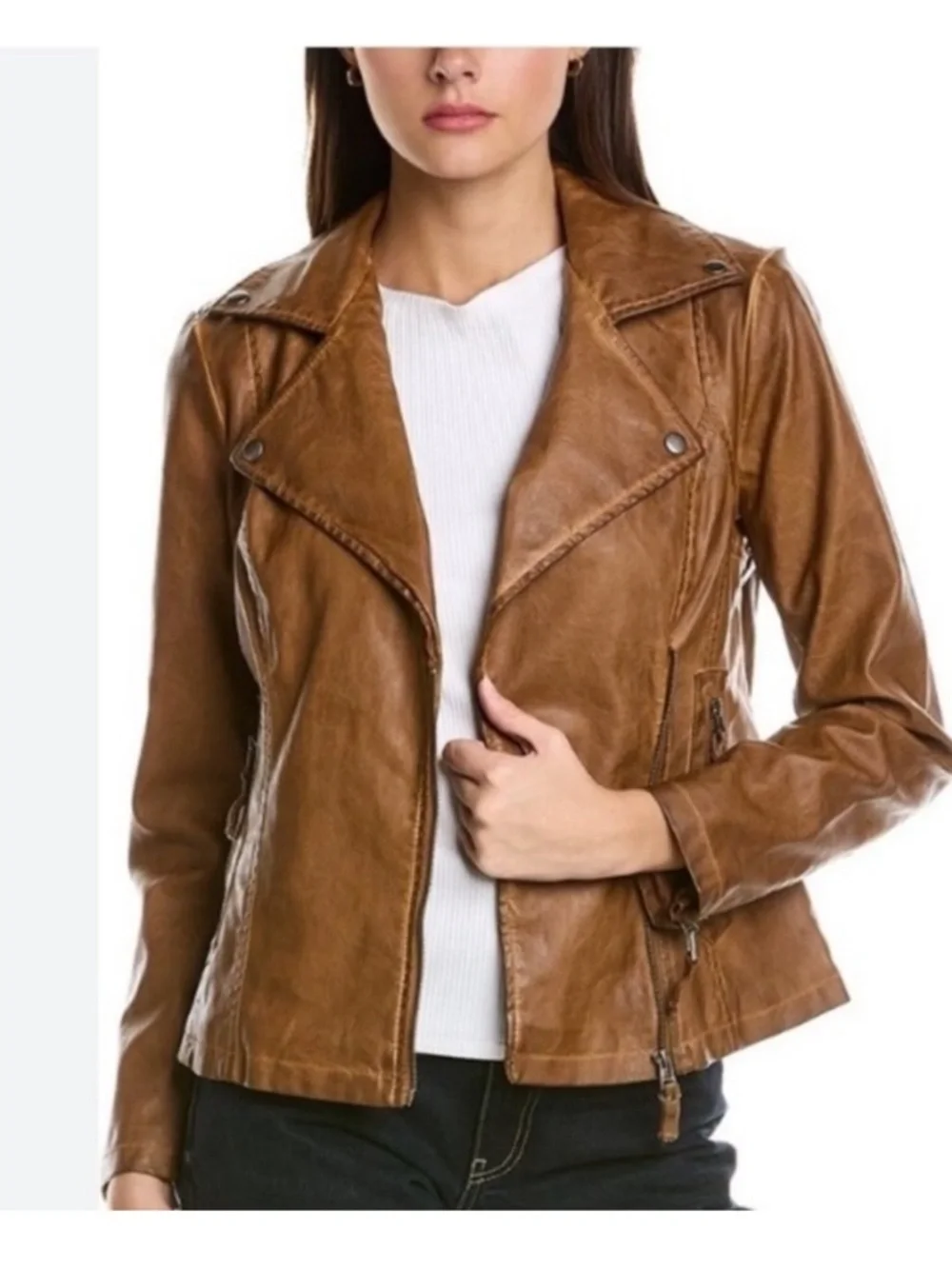 Max Studio Cognac Faux Leather Moto Jacket - Picture 1 of 5